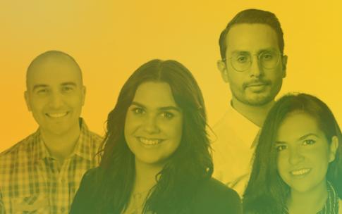 Four Beach Investment Group alumni with a yellow-green overlay and a line from a Dow Jones chart in the background