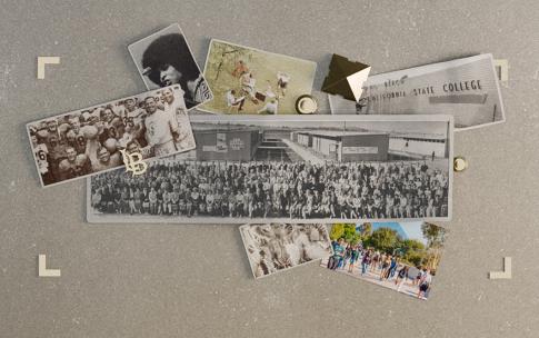 Tile image of collage of vintage photos and memorabilia, including a football team, a large group portrait, a student gathering, and a sign reading "California State College."