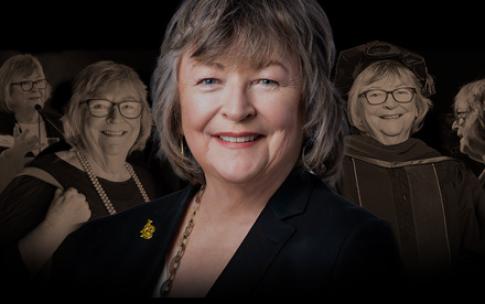 Jane Close Conoley stands at the center of an image, surrounded by faded black-and-white images of her speaking at a podium, smiling, and wearing academic regalia.