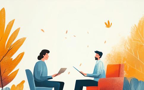 An illustration of two people facing each other while seated, next to images of leaves
