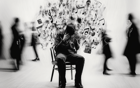 A man sits on a chair with his head in his hands, overwhelmed. Around him swirls a chaotic burst of musical notes, faces, and images, symbolizing mental overload or sensory overwhelm. Blurred figures walk past, emphasizing his isolation and inner turmoil.