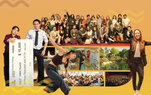 CSULB students celebrating achievements on yellow background