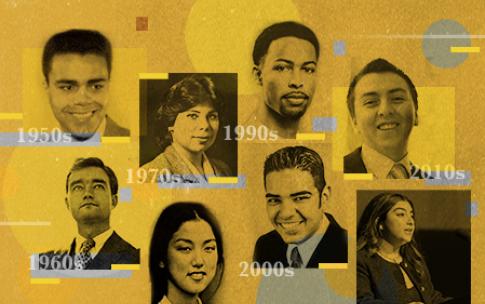 A collage with eight former student body presidents shown in black-and-white photos over a mostly gold background containing geometric elements.