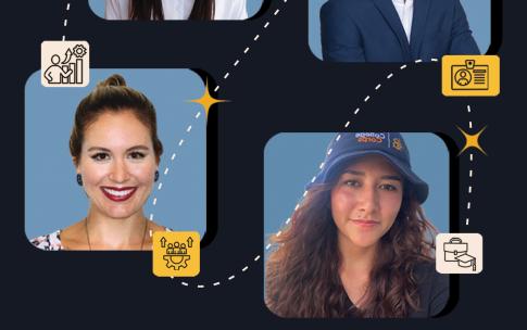 A graphic with career-related icons and photos of four people