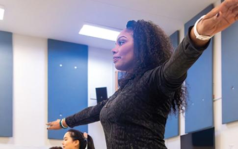Zakiya Atkinson, right, leads a dance class at CSULB