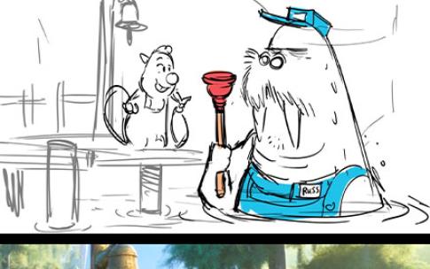 Storyboard and completed scene from "Zootopia 2"