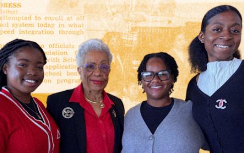 Patricia Newby, center, surrounded by CSULB Black students