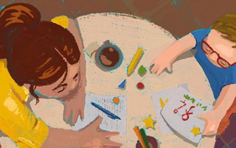  Illustration of a school psychologist, left, working with a young student