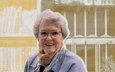 Jo Anne Boorkman with images of University Library behind her