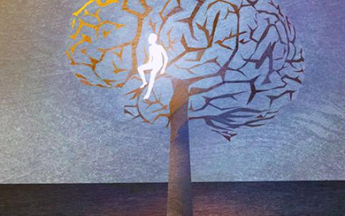 Human figure sitting in tree that looks like brain