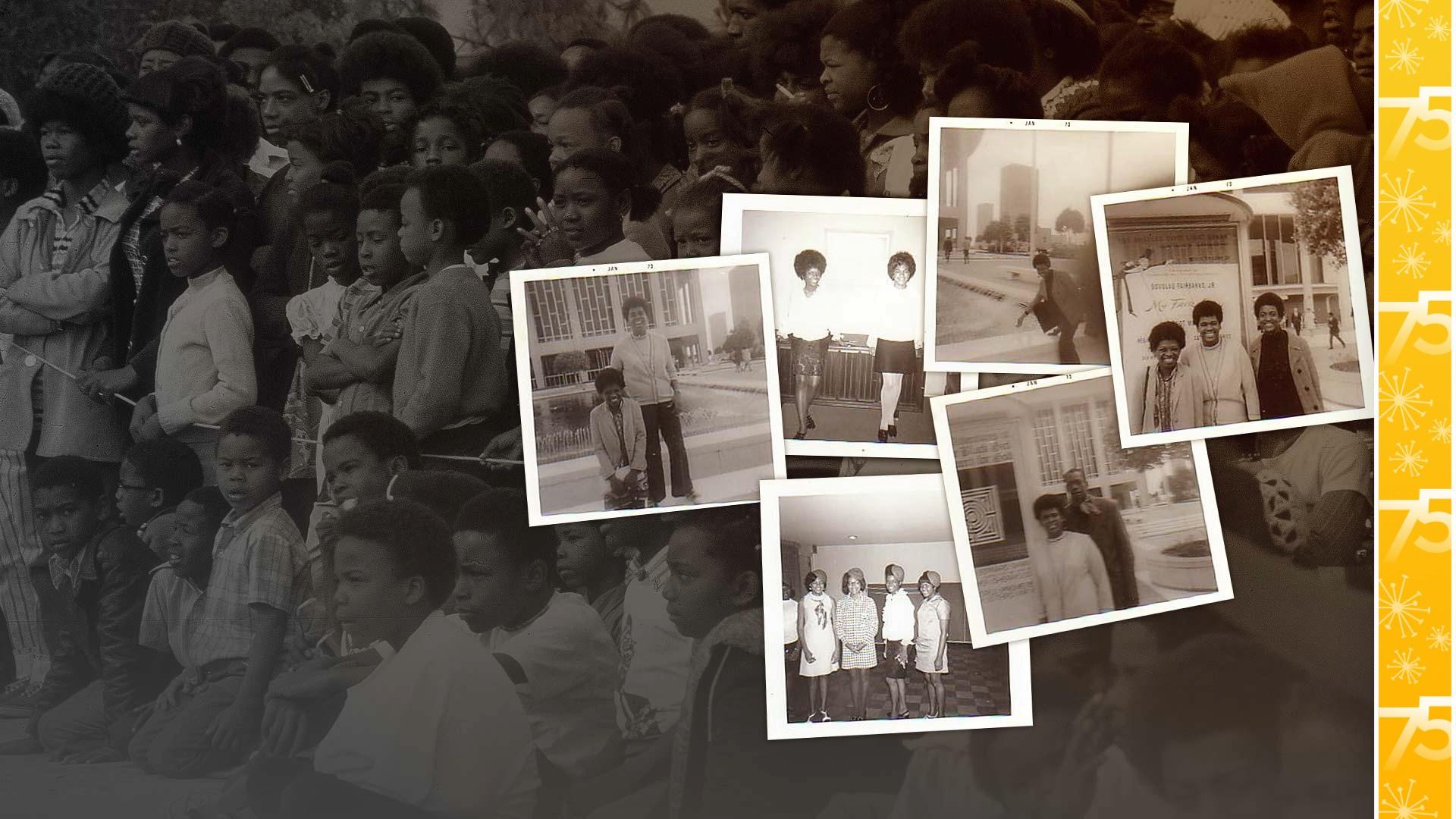 A collection of vintage photographs of Black Student Union members, superimposed over a gathering of Black people