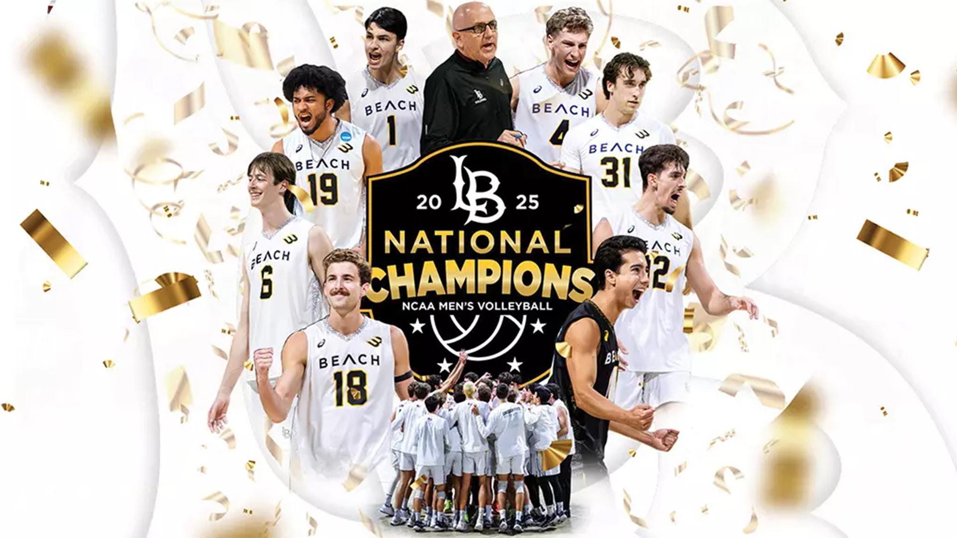 Several volleball players surrounding a national championship logo