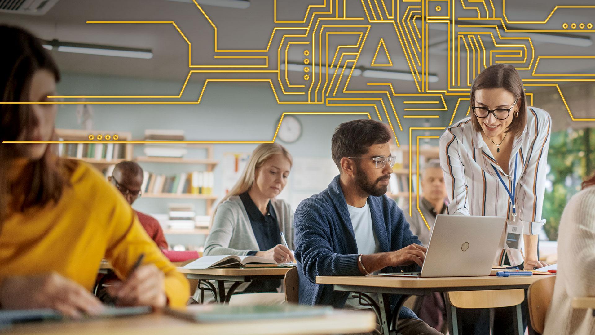 Standing instructor teaching seated student, yellow lines in background