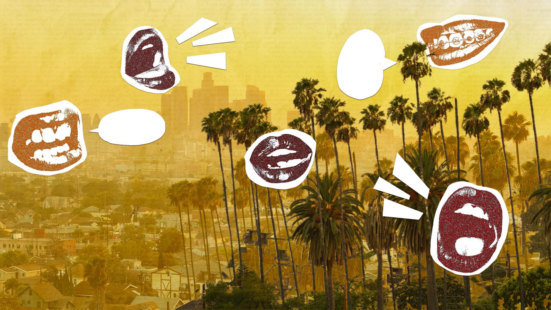 A collage with mouths superimposed over the Los Angeles skyline