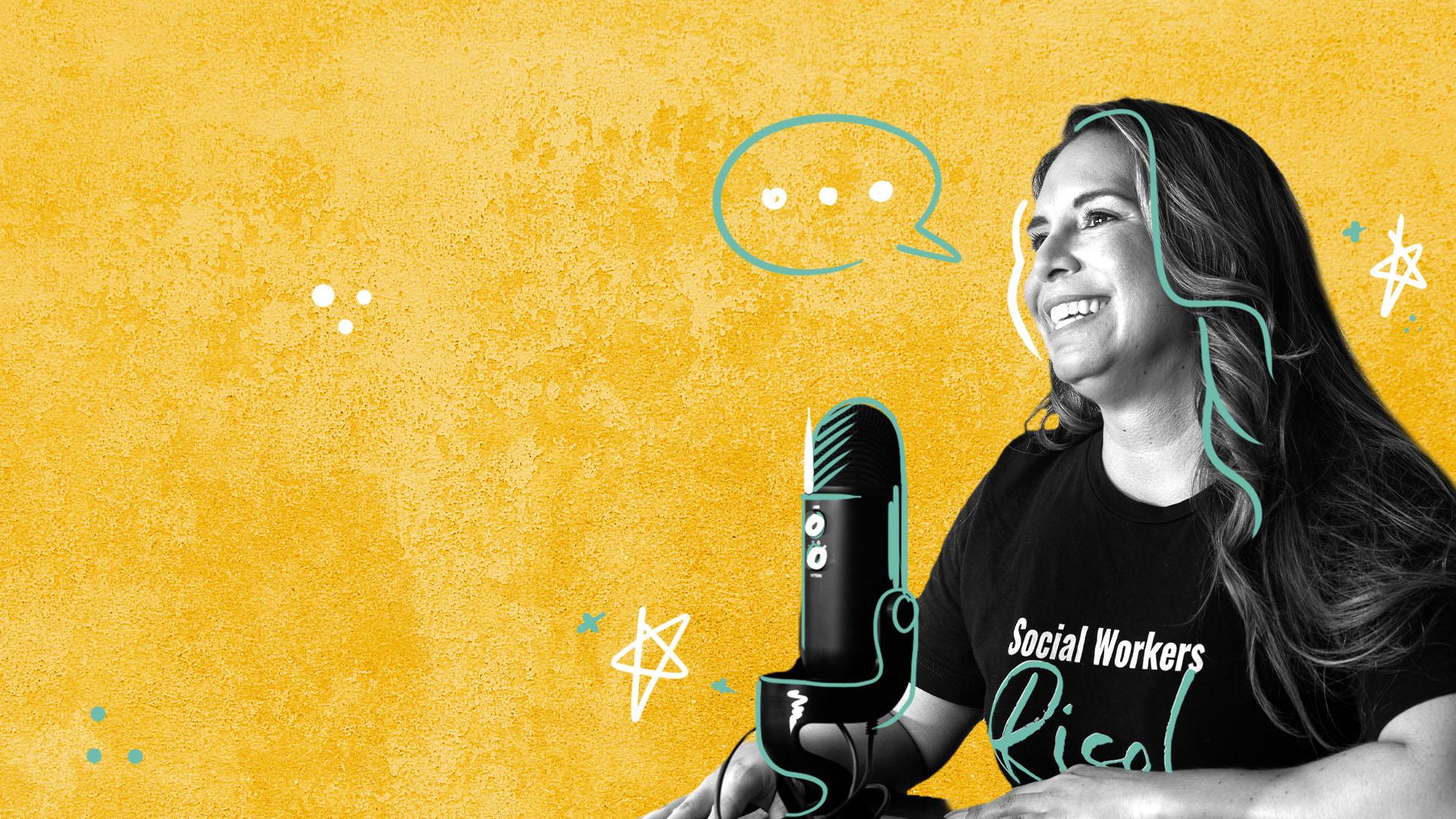 Catherine Moore with microphone against a yellow background