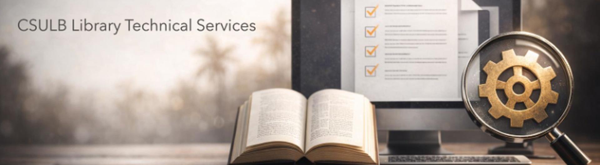 An image of an open book in the foreground, with a computer displaying a checklist in the background, and a magnifying glass on the right side.  