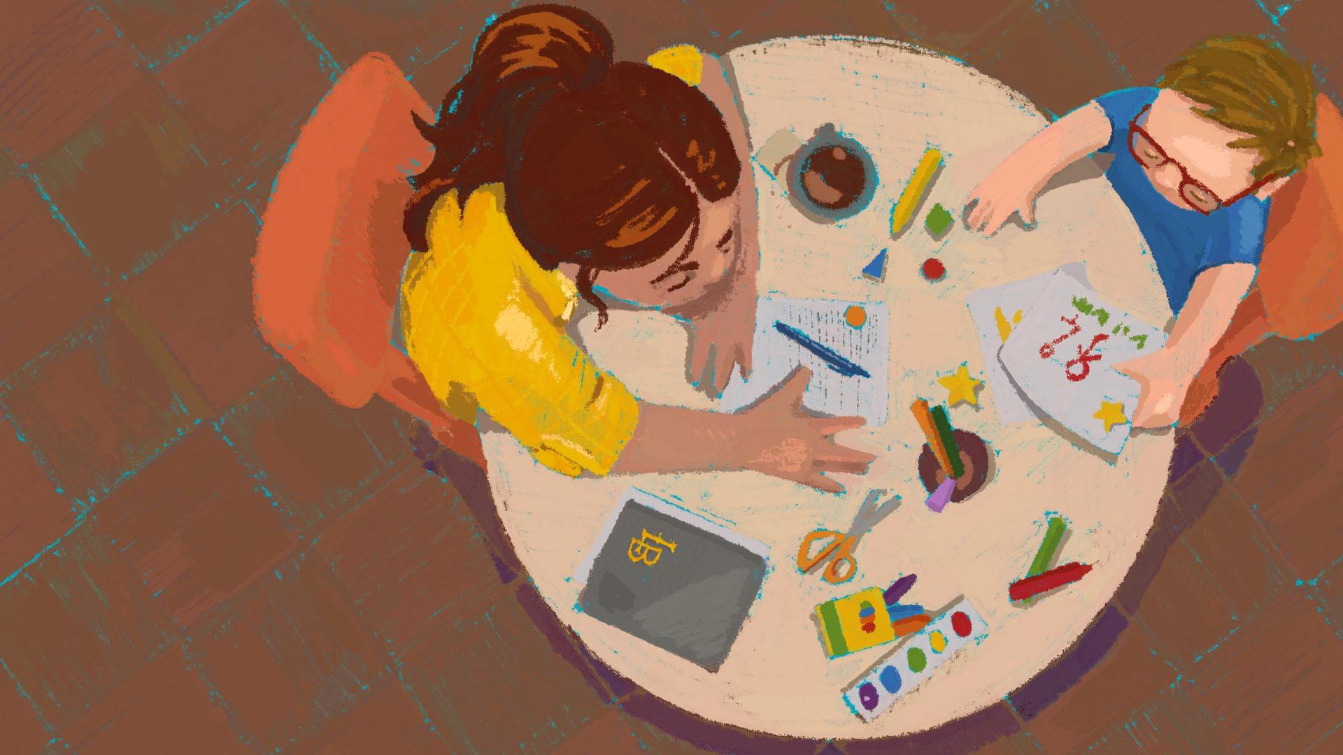 Illustration of a school psychologist helping a child