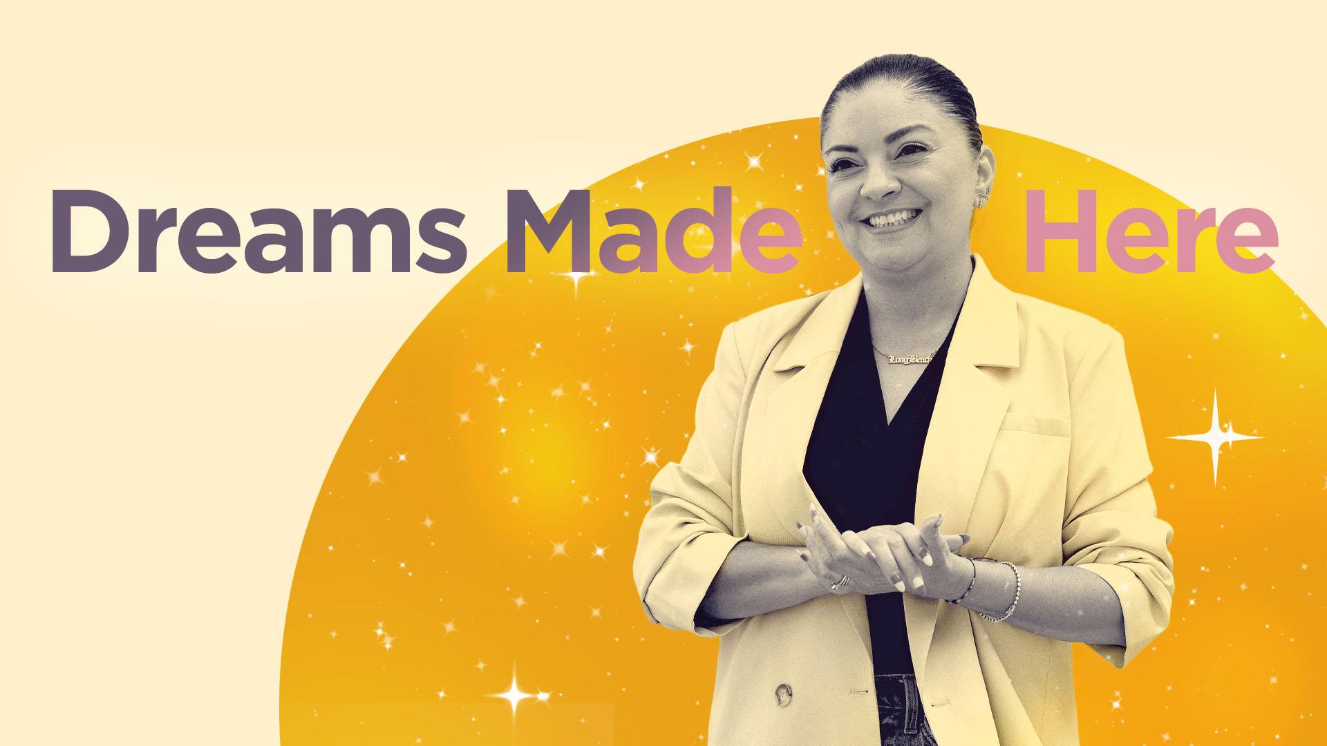 A person smiles in an illustration with yellow background and words "Dreams Made Here"