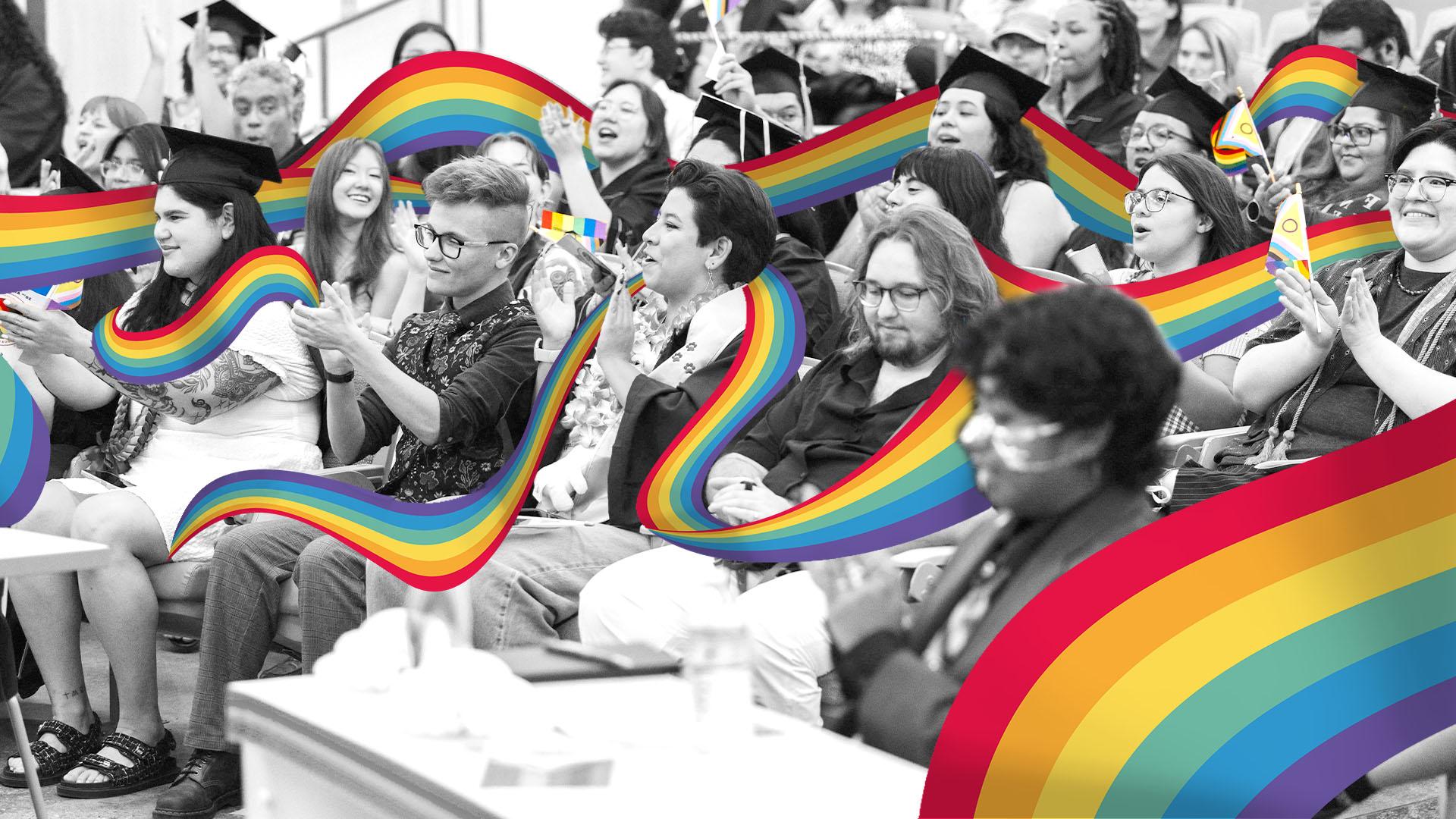 A image combining a photo of students and a rainbow