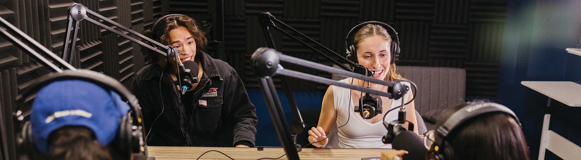 CSULB student journalists in a podcasting studio