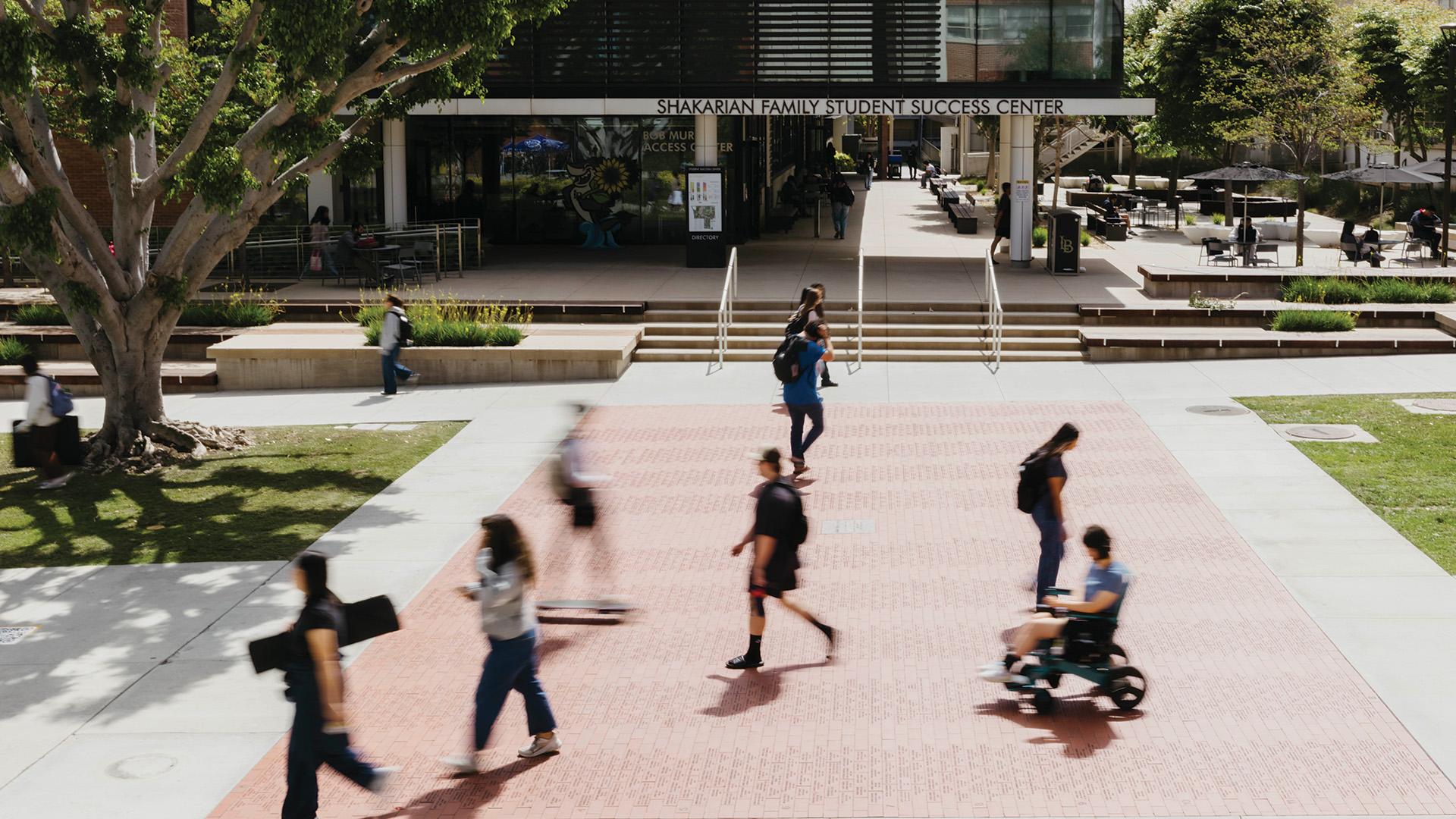 Overhead view of students walking across campus