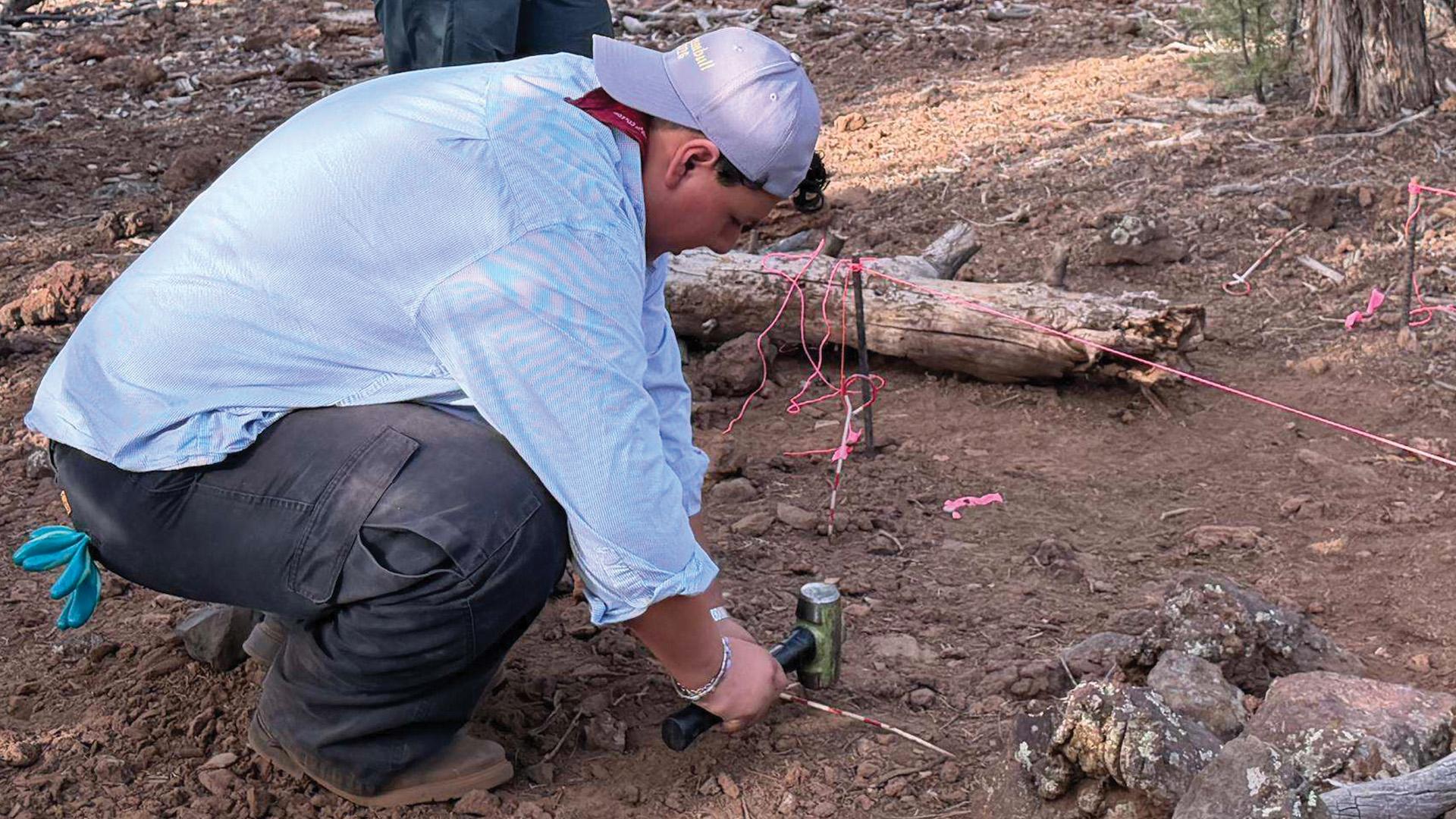 A CSULB student using a hammer at an archaeological site