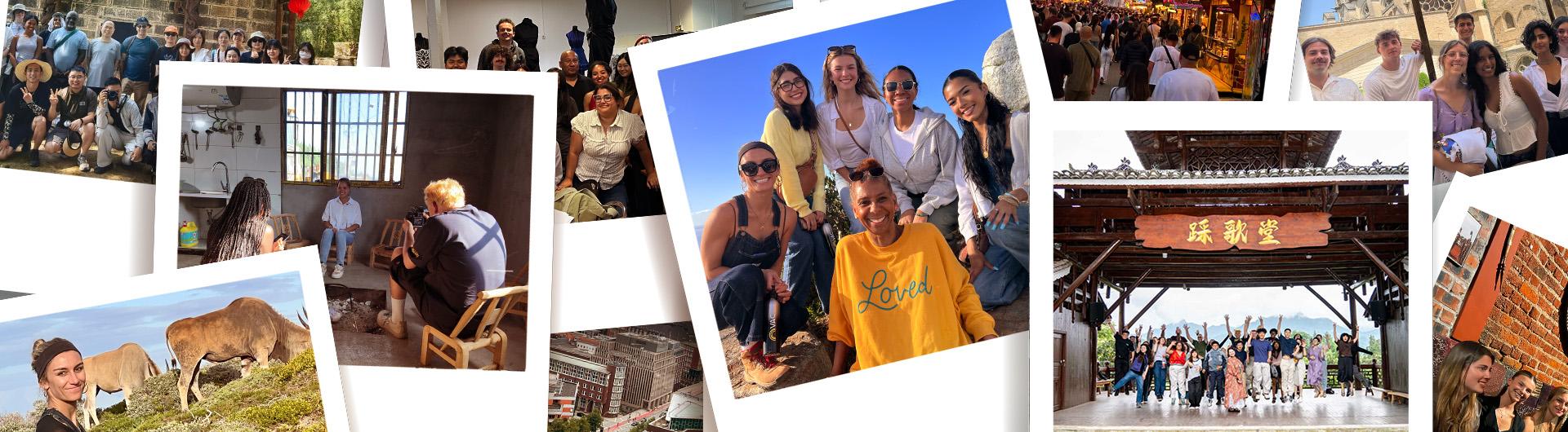 A collage of photos showing groups of people traveling in different locations