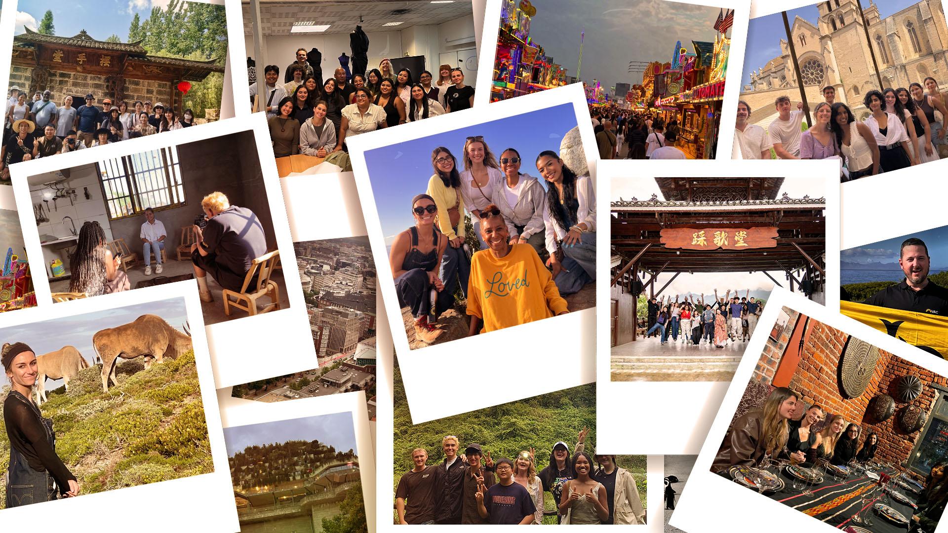 Collage shows students and faculty in travel snapshots 