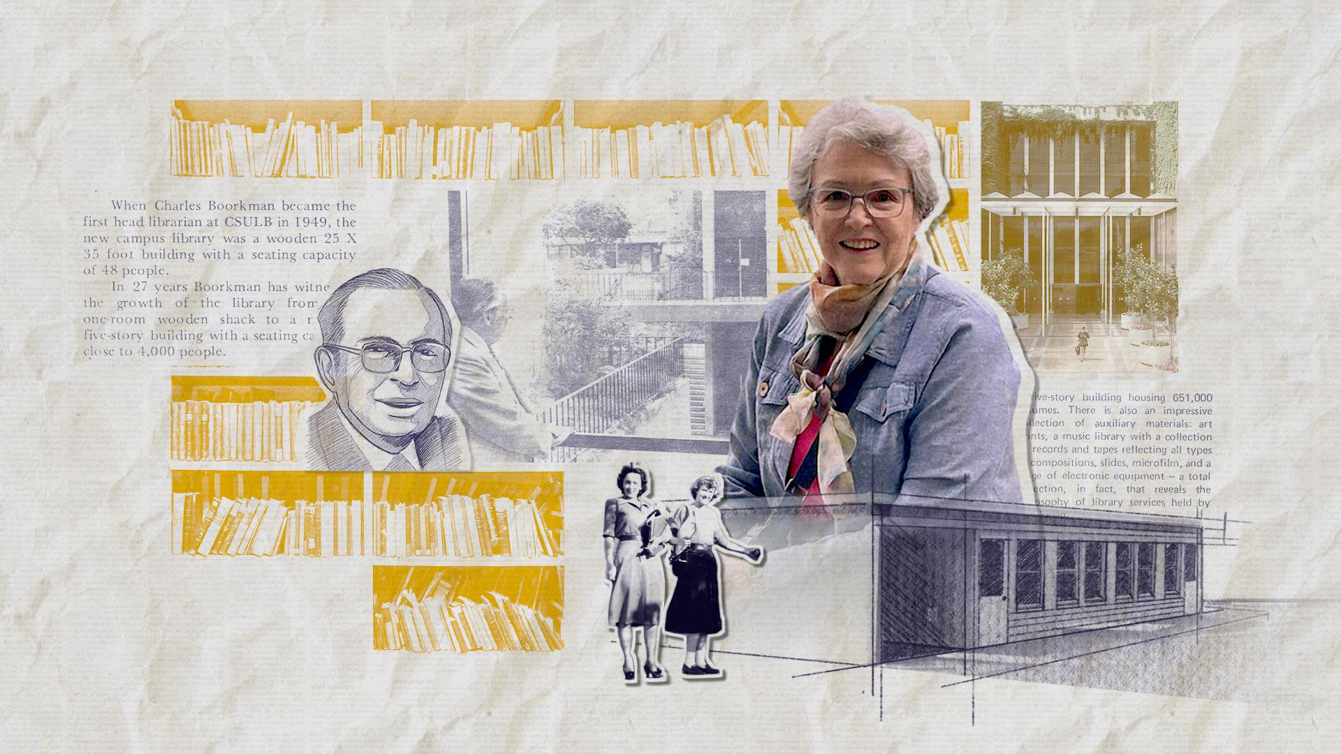 Jo Anne Boorkman, right, surrounded by old images of University Library