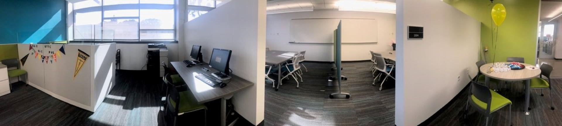 Beach Academic Resource Center Study Area contains 2 computers, 2 study areas each with tables and 8 chairs, and a small round table with 4 chairs.