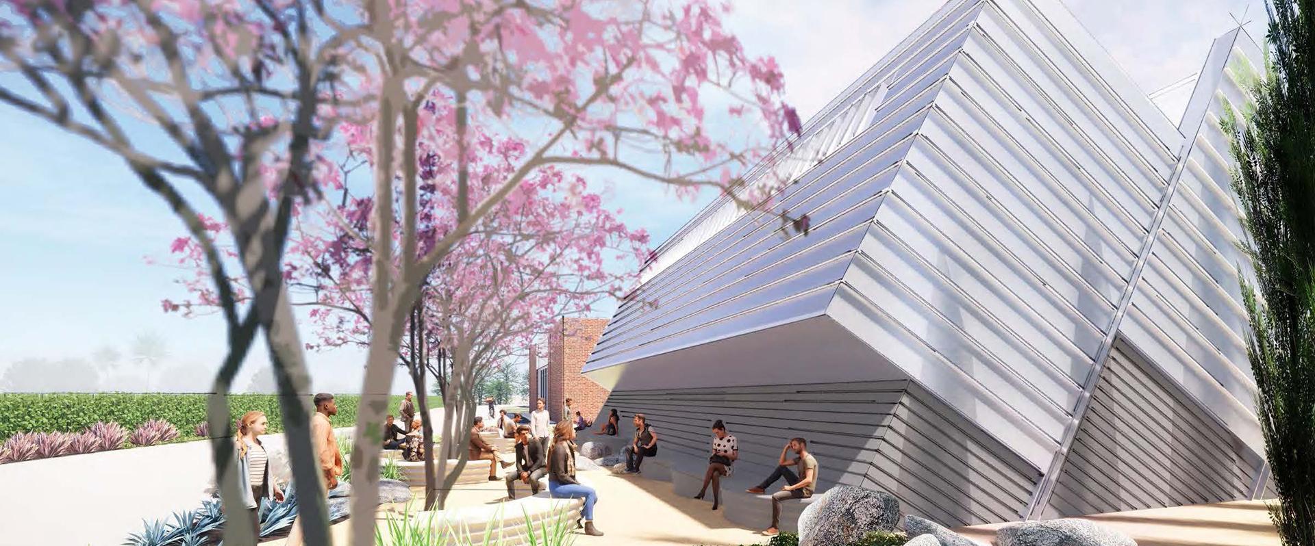 Carolyn Campagna Kleefeld Contemporary Art Museum rendering, day view of new multiuse outdoor gathering spaces. Courtesy of Pfeiffer Architects.