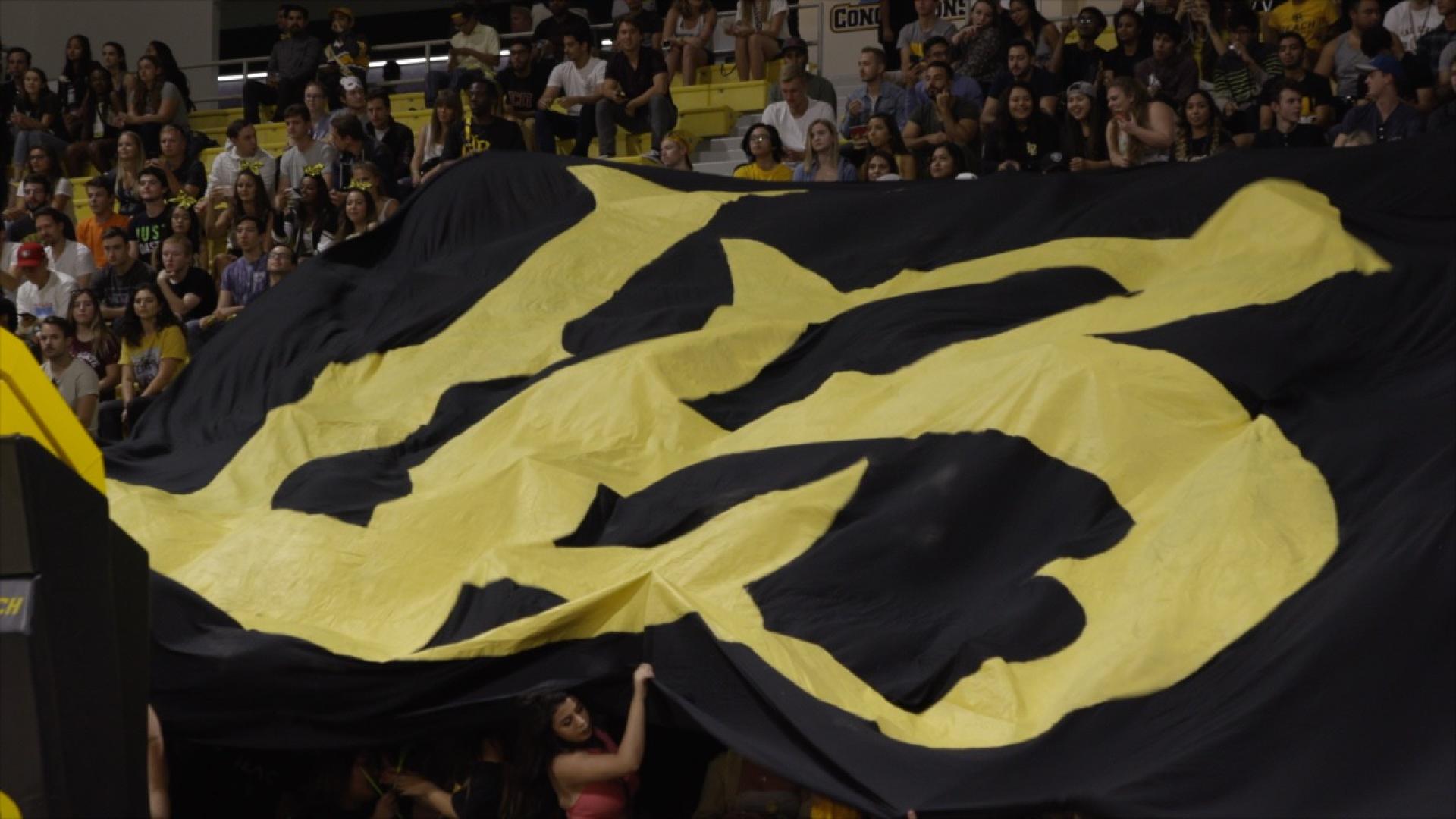 Student section in the Pyramid wave a massive LB flag.