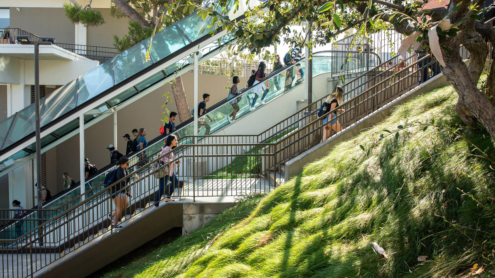Students riding the escalator