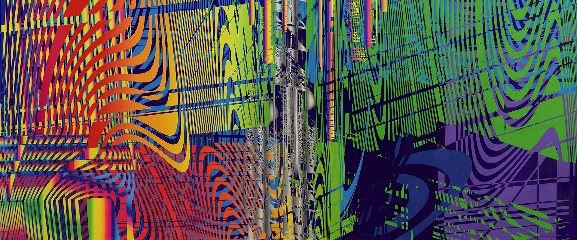 Painting called Tony's painting by Linda Besemer. vibrant multicolored visual abstraction with curves 