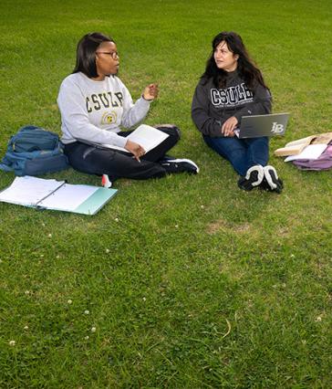 Students sit on grass while working on computers