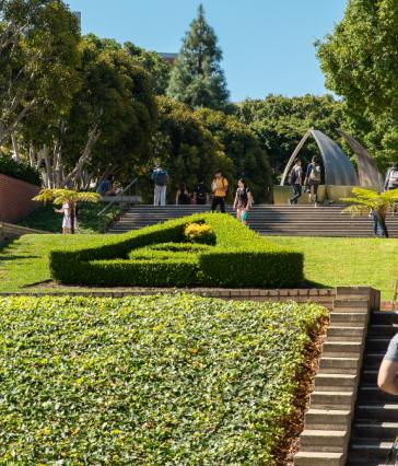 students walking on steps mid-campus