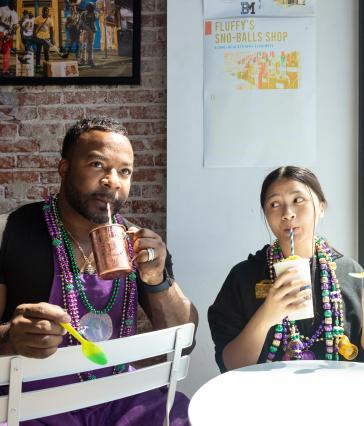 Enjoying a shaved ice drink at Fluffy's Snoballs