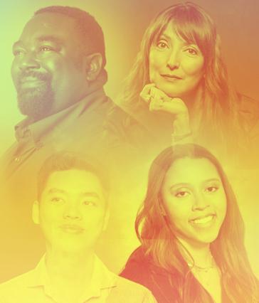 A composite image showing four CSULB alumni who earned master's degrees, with the "LB" logo in the lower left corner