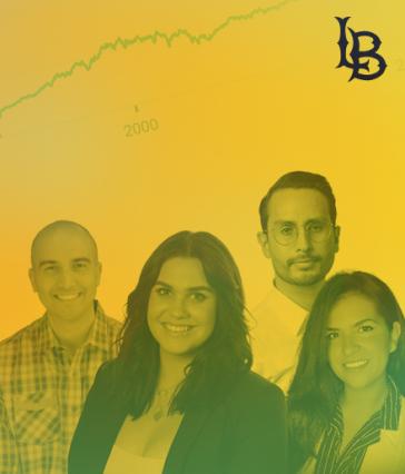 Four Beach Investment Group alumni with a yellow-green overlay and a line from a Dow Jones chart in the background