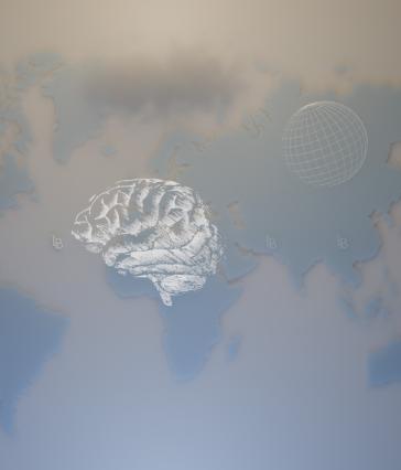 Illustration of a brain and world map to recognize mental health.
