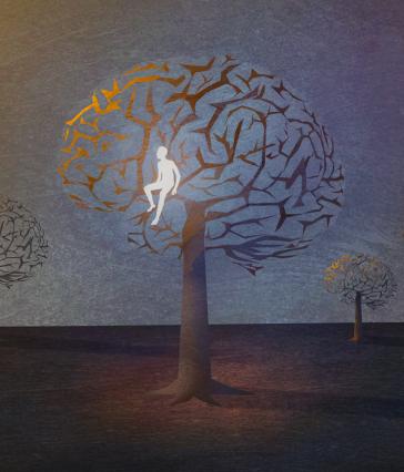 Art of a man sitting in a brain-shaped tree