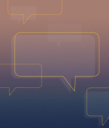 A graphic with multiple word balloons over a rose-to-violet gradient.