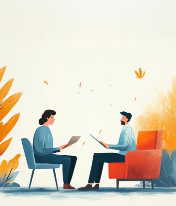 An illustration of two people facing each other while seated, next to images of leaves