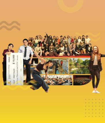 CSULB students celebrating achievements on yellow background