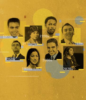 A collage with eight former student body presidents shown in black-and-white photos over a mostly gold background containing geometric elements.