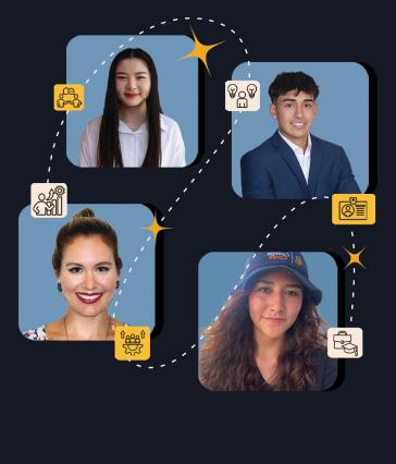 A graphic with career-related icons and photos of four people