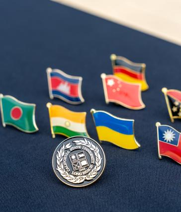CSULB pin with international flag pins.