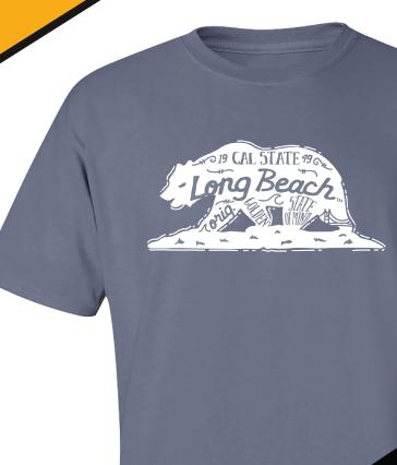 Silhouette of a bear that is the California State Seal with Cal State Long beach written over the silhouette. 
