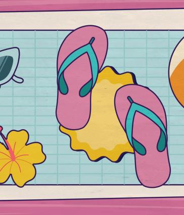 Animated beach items flip flops, sunglasses, and a beach ball on a blanket.