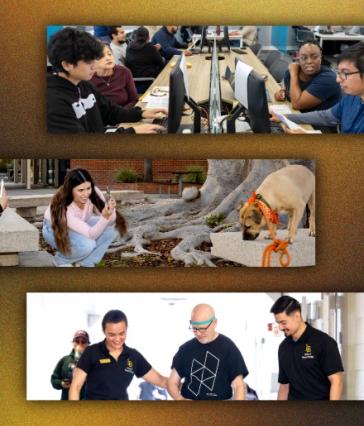 Students collaborate at computer stations, photograph a campus dog outdoors and practice guided mobility.